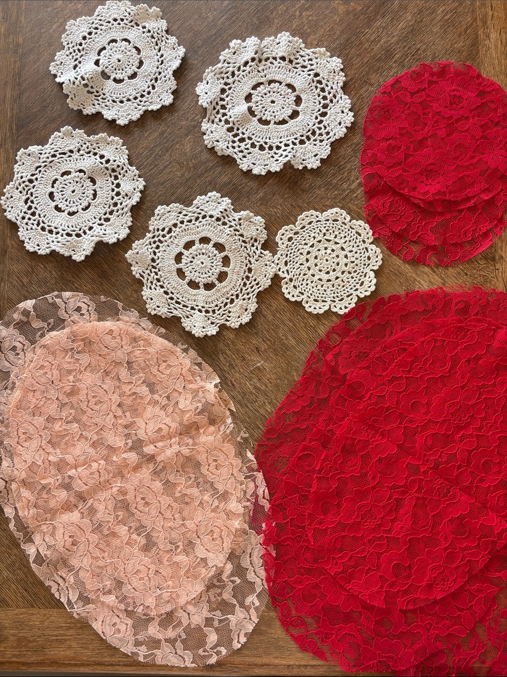 Vintage Red and Cream Lace Doilies and Placemats